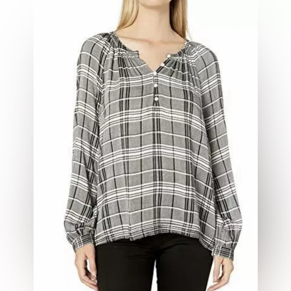 Lucky Brand Jessica Popover Blouse Black White Plaid Women's Size S